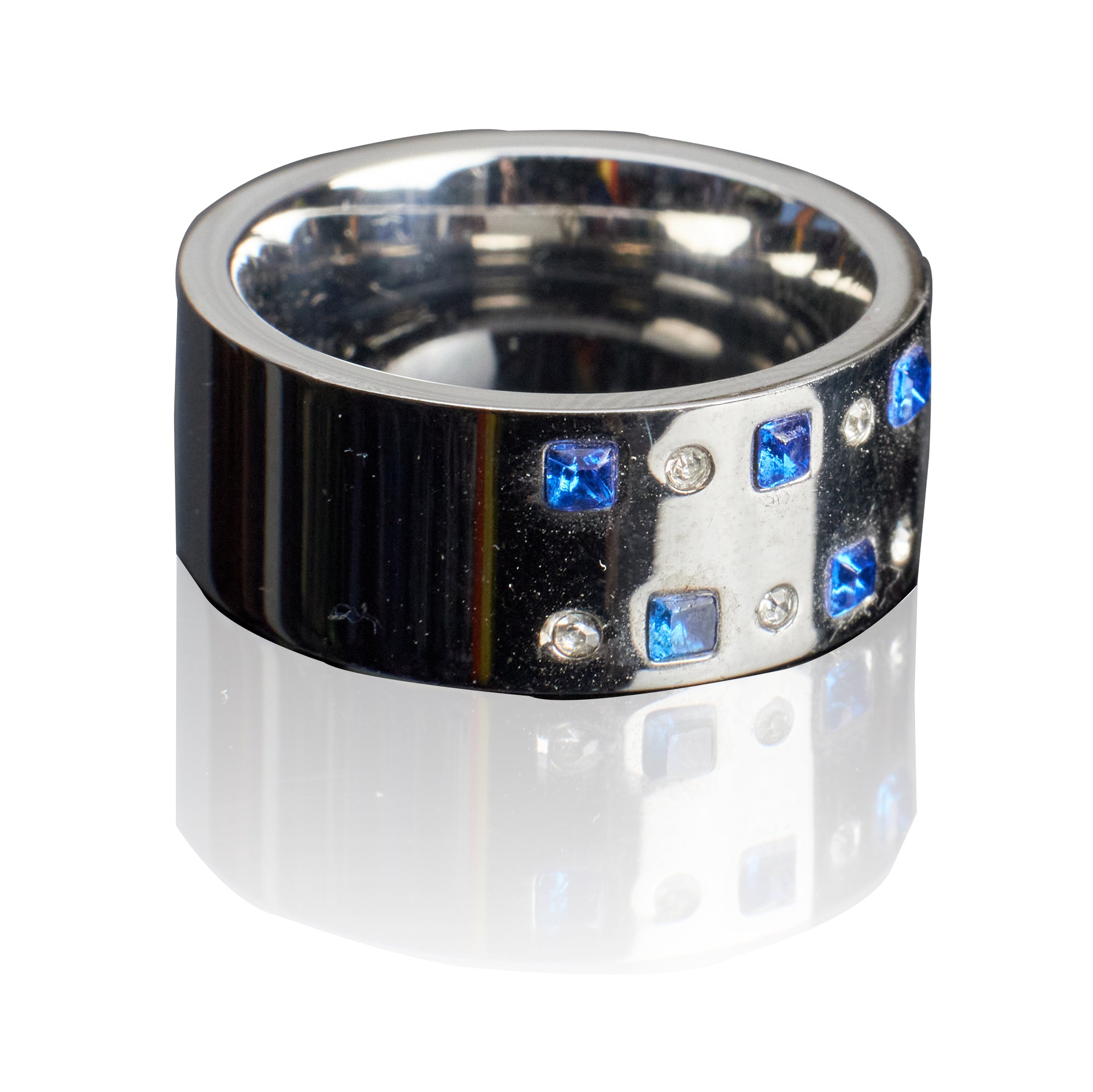 Stainless Steel with Blue Stone and Diamond Ring